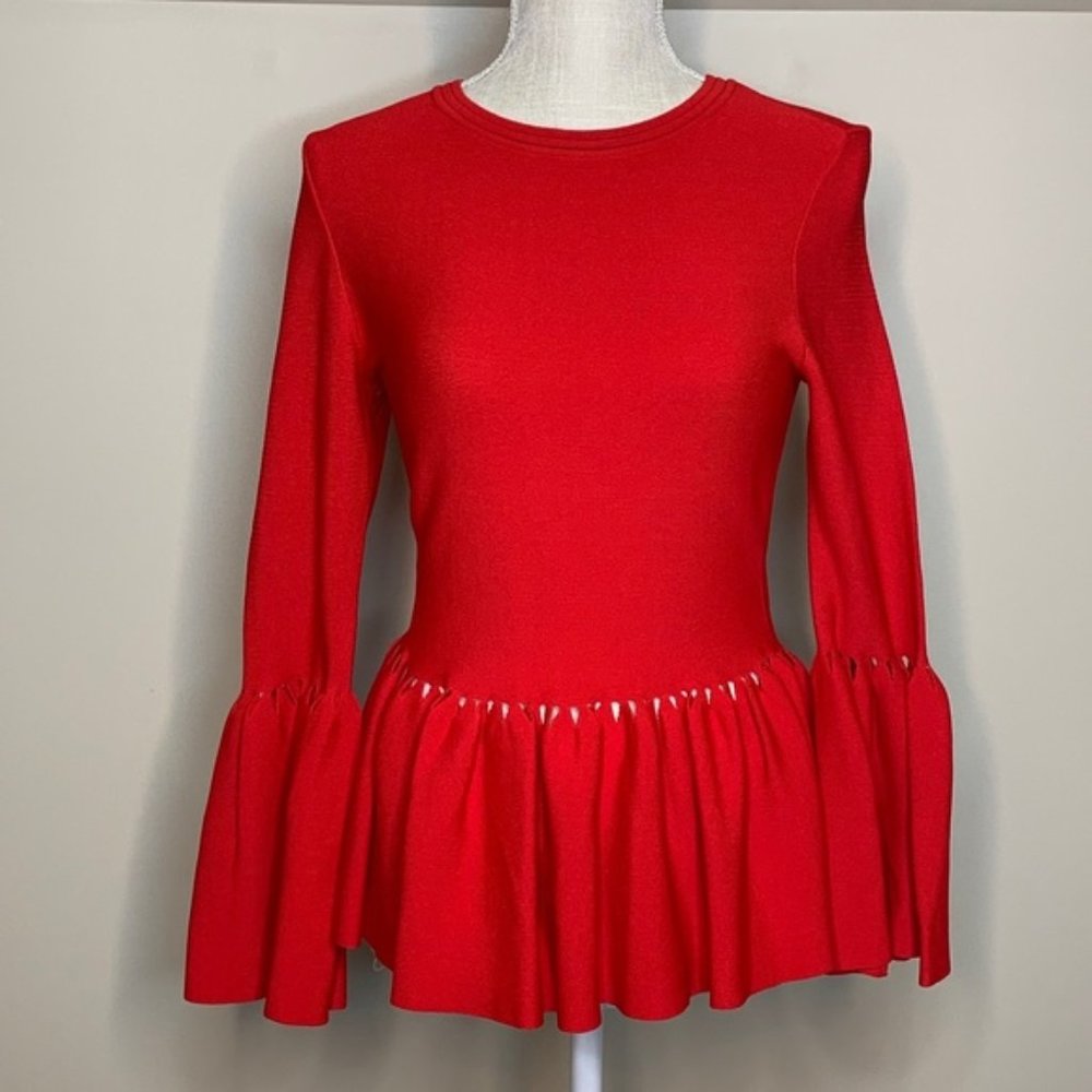 Jonathan Simkhai Red Bell Sleeve Peplum cutout Top